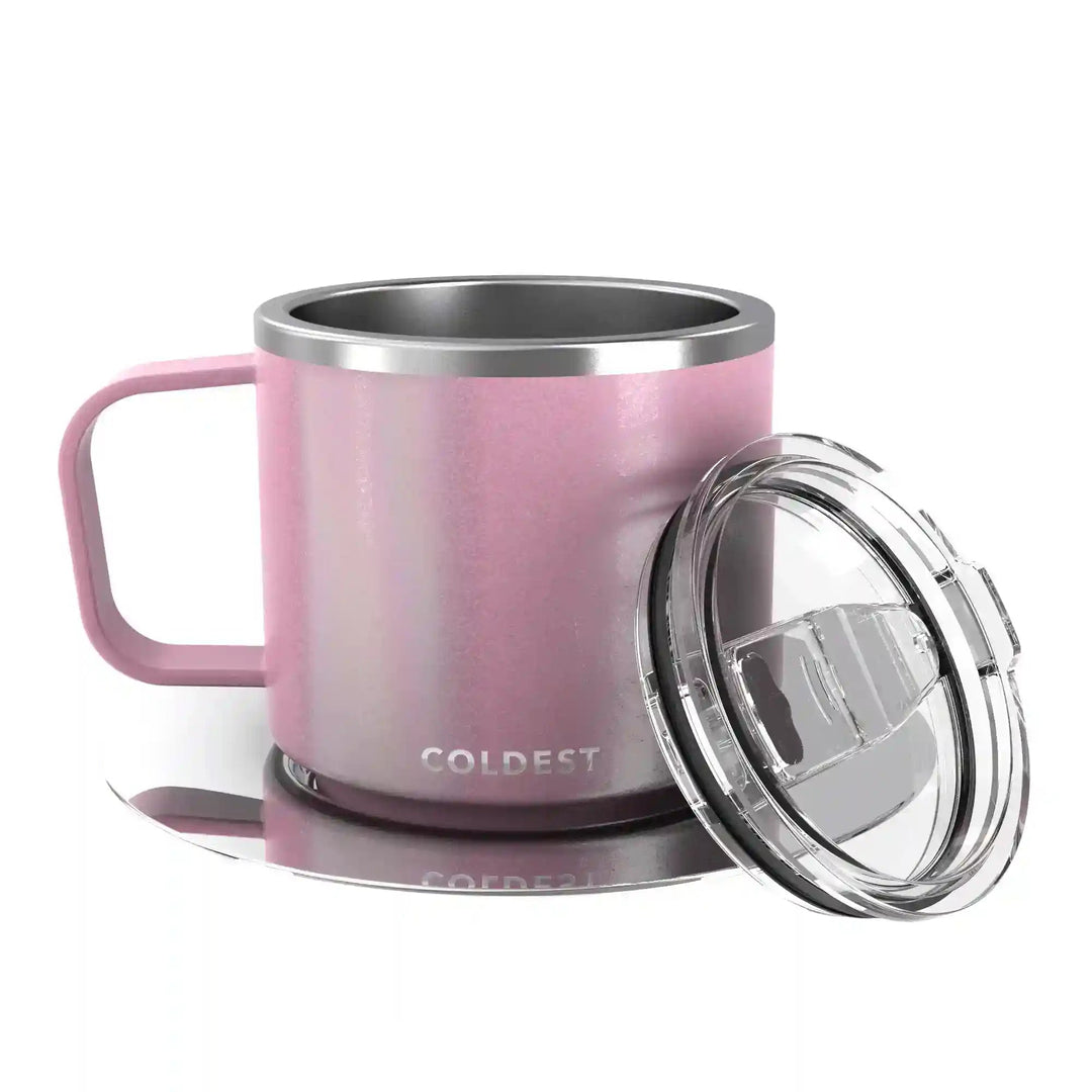 Pink glitter insulated espresso mug by Coldest with a sleek design, perfect for keeping your coffee warm.
