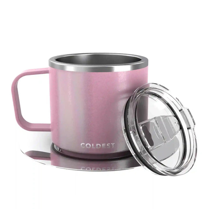 Pink glitter insulated espresso mug by Coldest with a sleek design, perfect for keeping your coffee warm.
