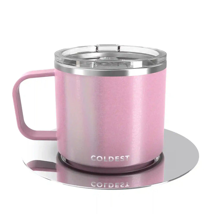 Pink glitter insulated Coldest espresso mug with a sleek design and durable handle, perfect for hot beverages.