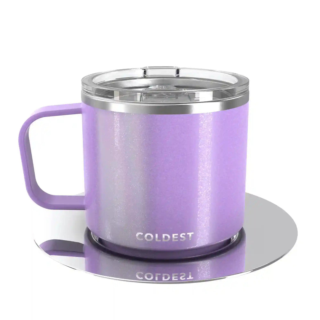 Purple glitter insulated Coldest espresso mug with a sleek design, perfect for keeping your coffee hot or cold.