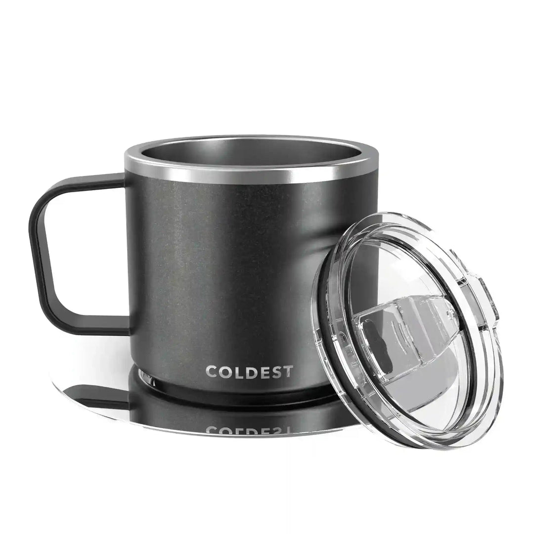 Coldest insulated espresso mug with a Stardust Glitter design, featuring a sleek, durable ceramic body and stainless steel lid.