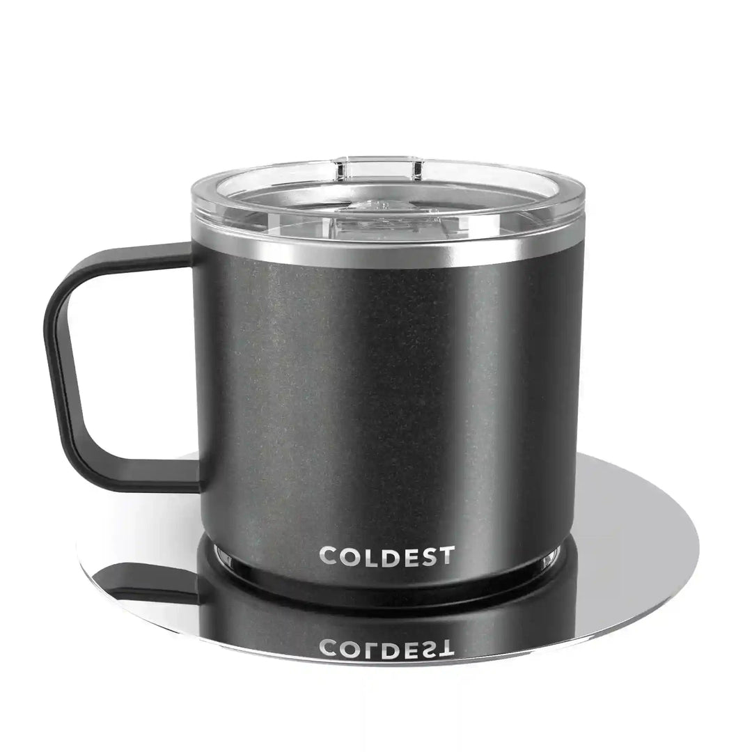 Coldest insulated espresso mug with a Stardust Glitter finish, featuring a sleek, shiny design perfect for hot coffee on the go.