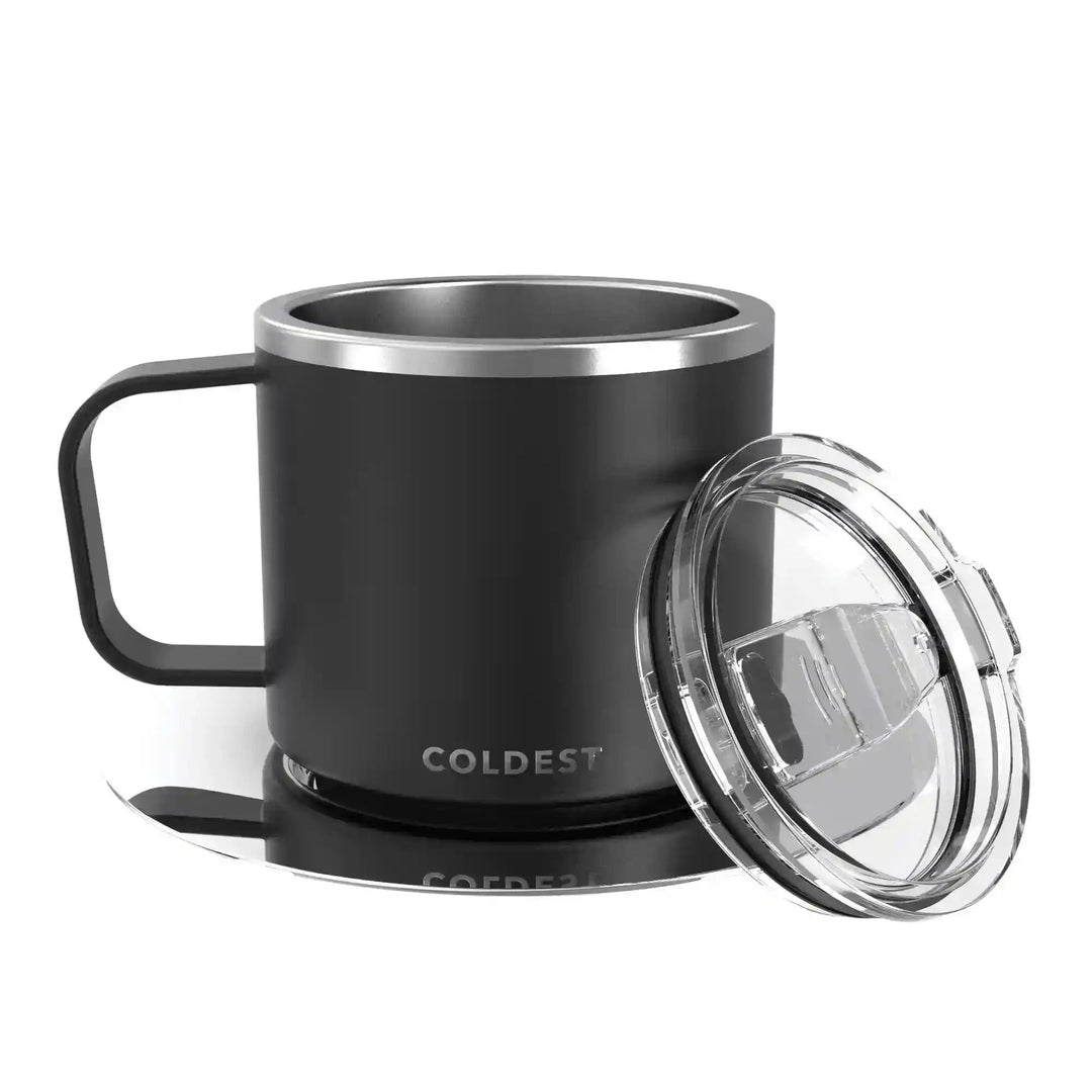 Coldest insulated espresso mug with sleek black design, double-walled for heat retention, on a white background.