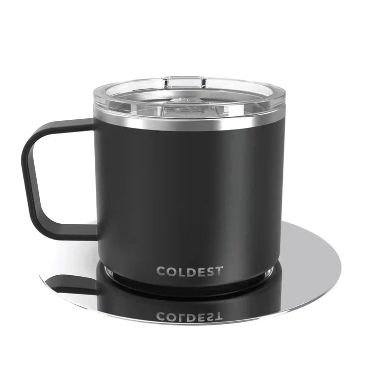 Coldest insulated espresso mug with a sleek black design, featuring a secure lid and compact shape for hot beverage insulation.