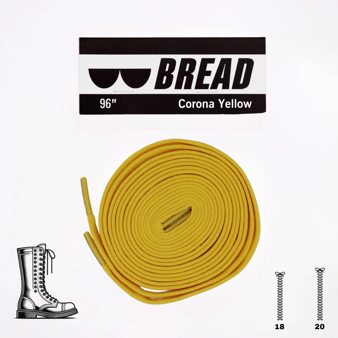 Yellow elastic shoelaces by Bread, designed for comfortable, adjustable fit on casual shoes, shown in the image.