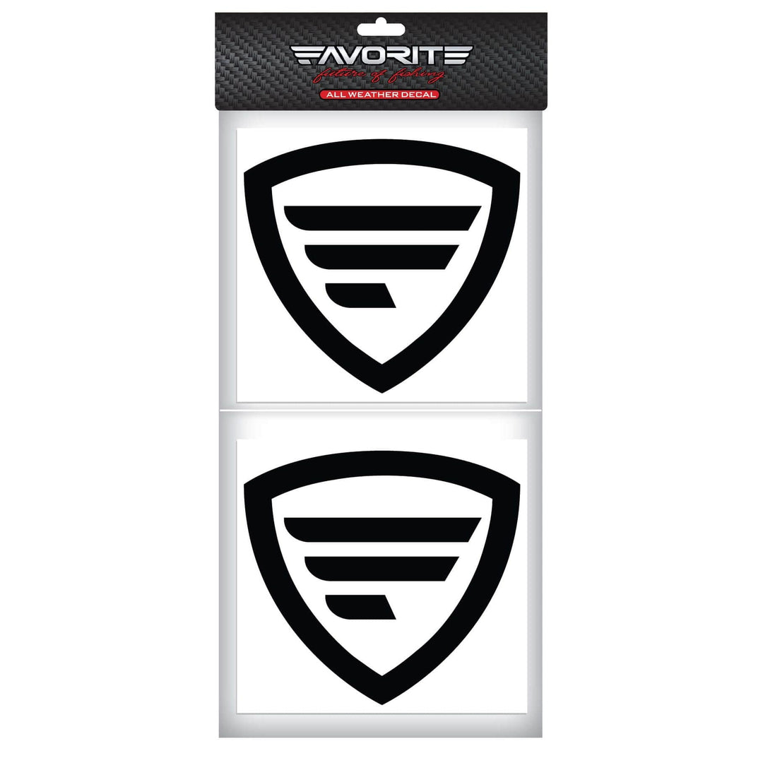 Black Favorite Shield decal for accessories by Favorite Fishing, featuring a bold shield design on a rectangular background.