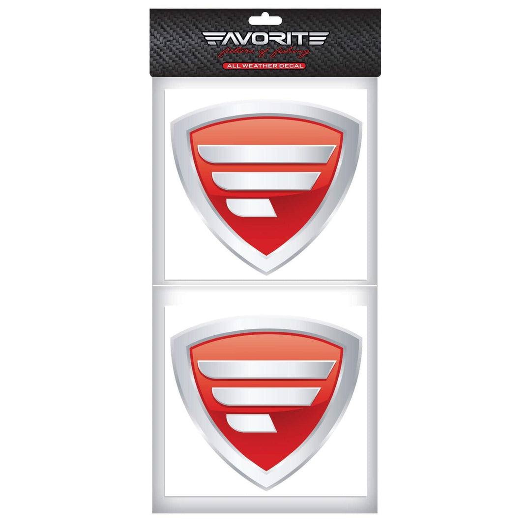 Favorite Shield Decal in color, accessory by Favorite Fishing, featuring a shield design on a 6x5.5.5-inch surface.