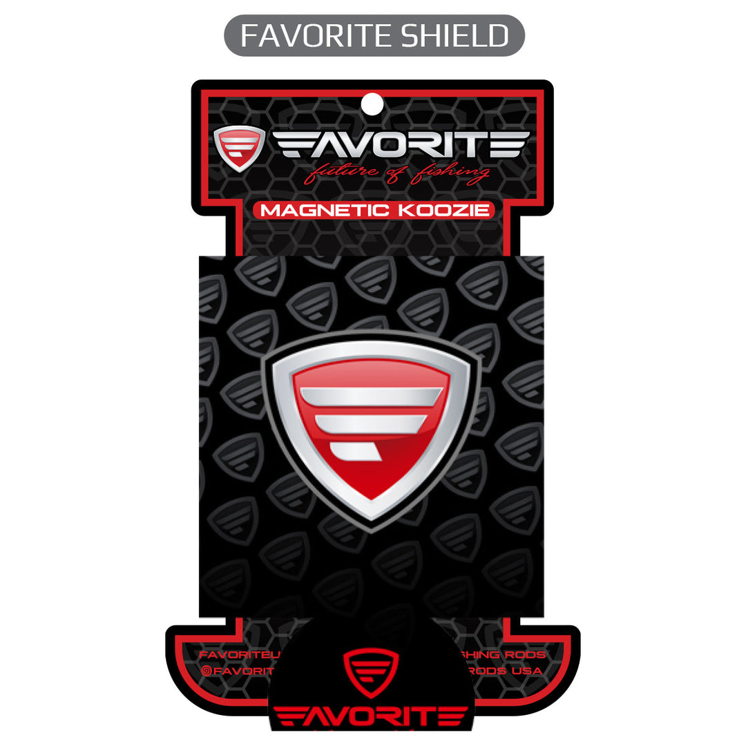 Magnetic koozie accessory from Favorite Fishing with shield design, keeps drinks cold and attaches easily to metal surfaces.