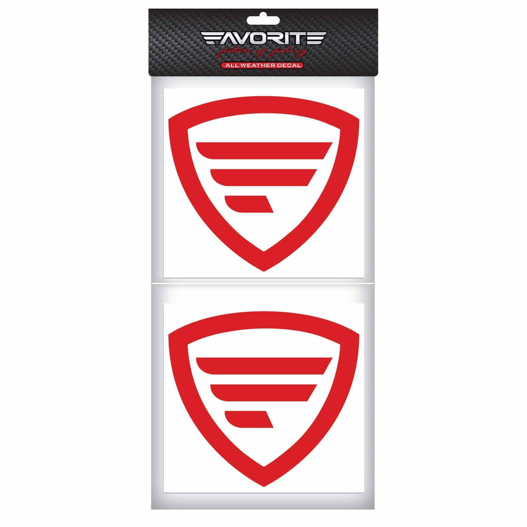 Red Favorite Shield decal accessory from Favorite Fishing, featuring a bold shield design on a 6x5.5 inch sticker.