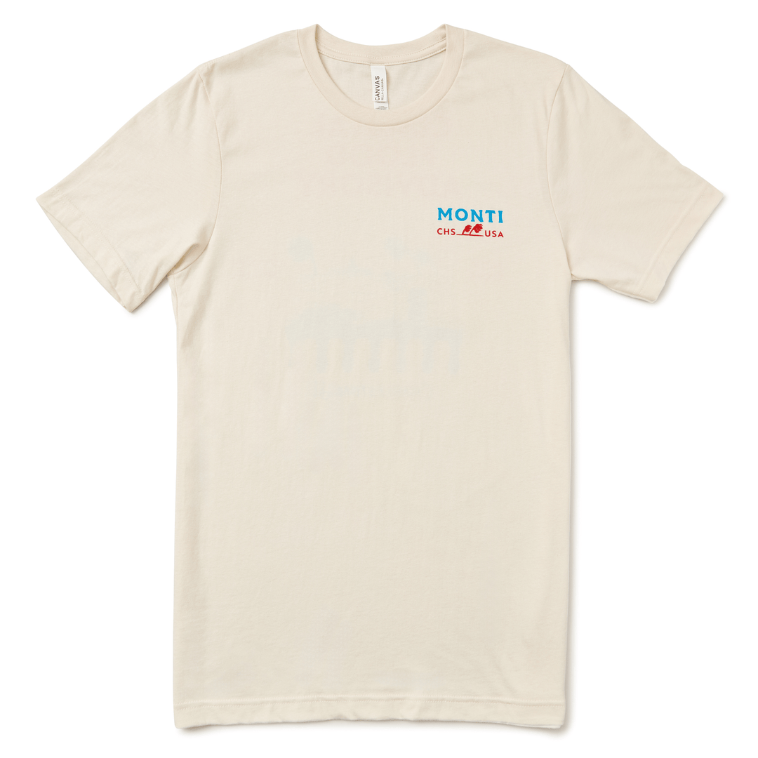 Monti Coolers Coastal Flood Advisory T-shirt featuring a flood warning graphic on a casual cotton tee.