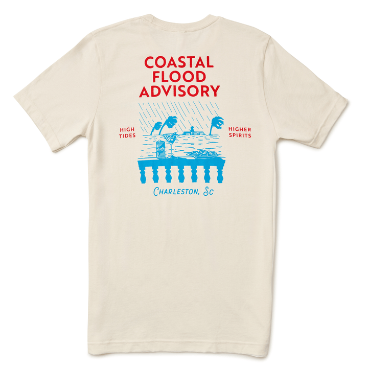 Monti Coolers Coastal Flood Advisory T-Shirt featuring a flood warning graphic on a casual cotton tee.