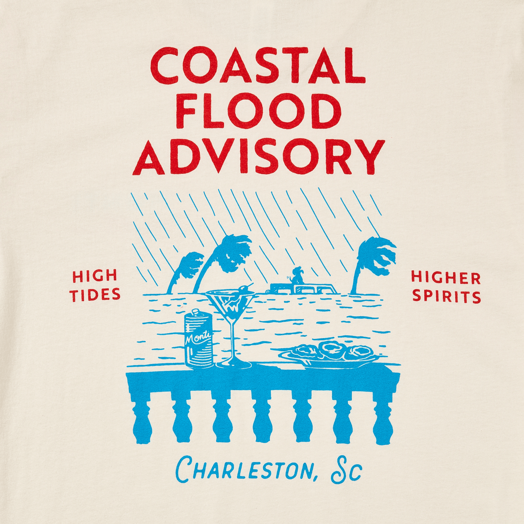 Monti Coolers Coastal Flood Advisory T-Shirt featuring a graphic design related to flood awareness and warning.
