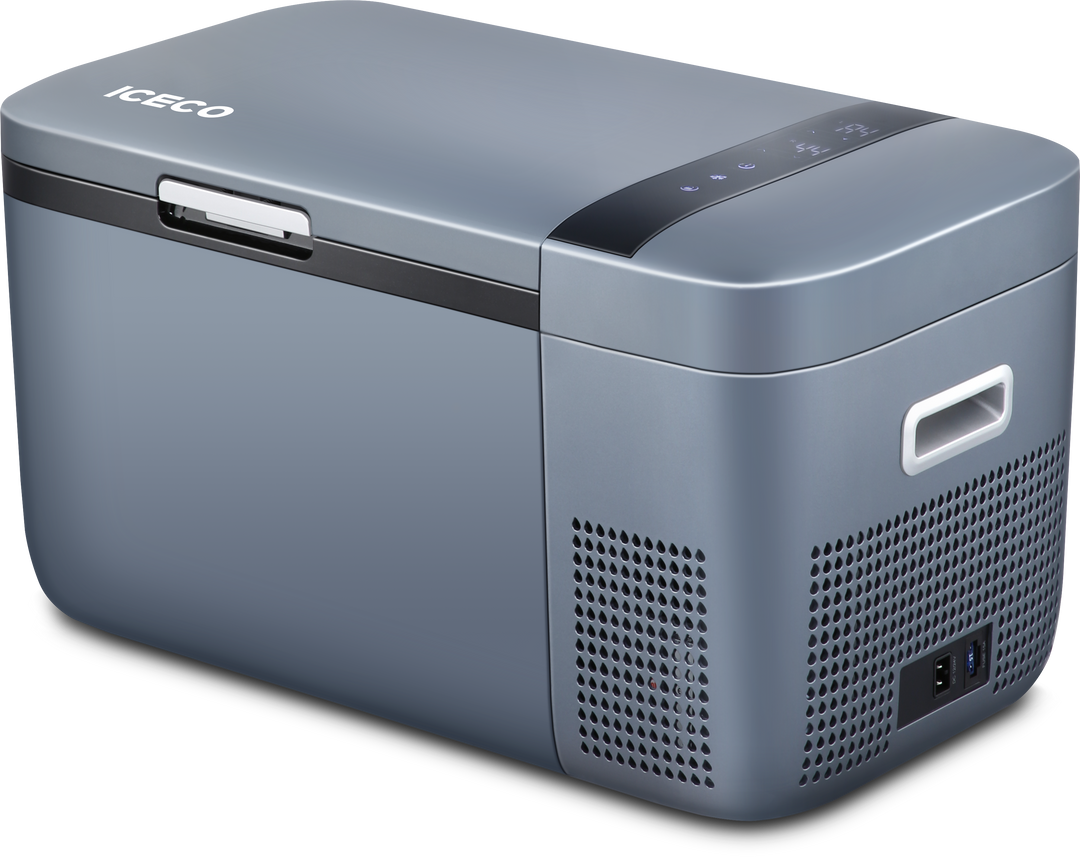 Inca Overland GO20 Dual Zone 12V portable freezer from ICECO, showing the compact black unit with control panel and dual zones.
