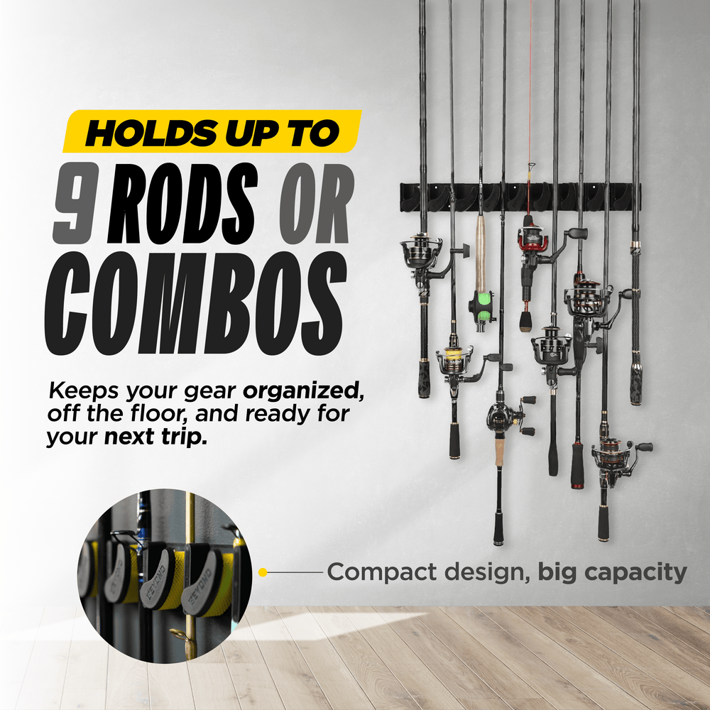 Beyond Braid GripLock vertical fishing rod rack holding multiple fishing rods with secure grip and durable design.