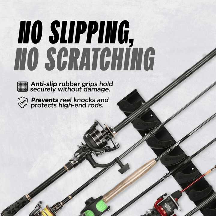 Beyond Braid GripLock vertical fishing rod rack holding multiple fishing rods in a secure, organized display.