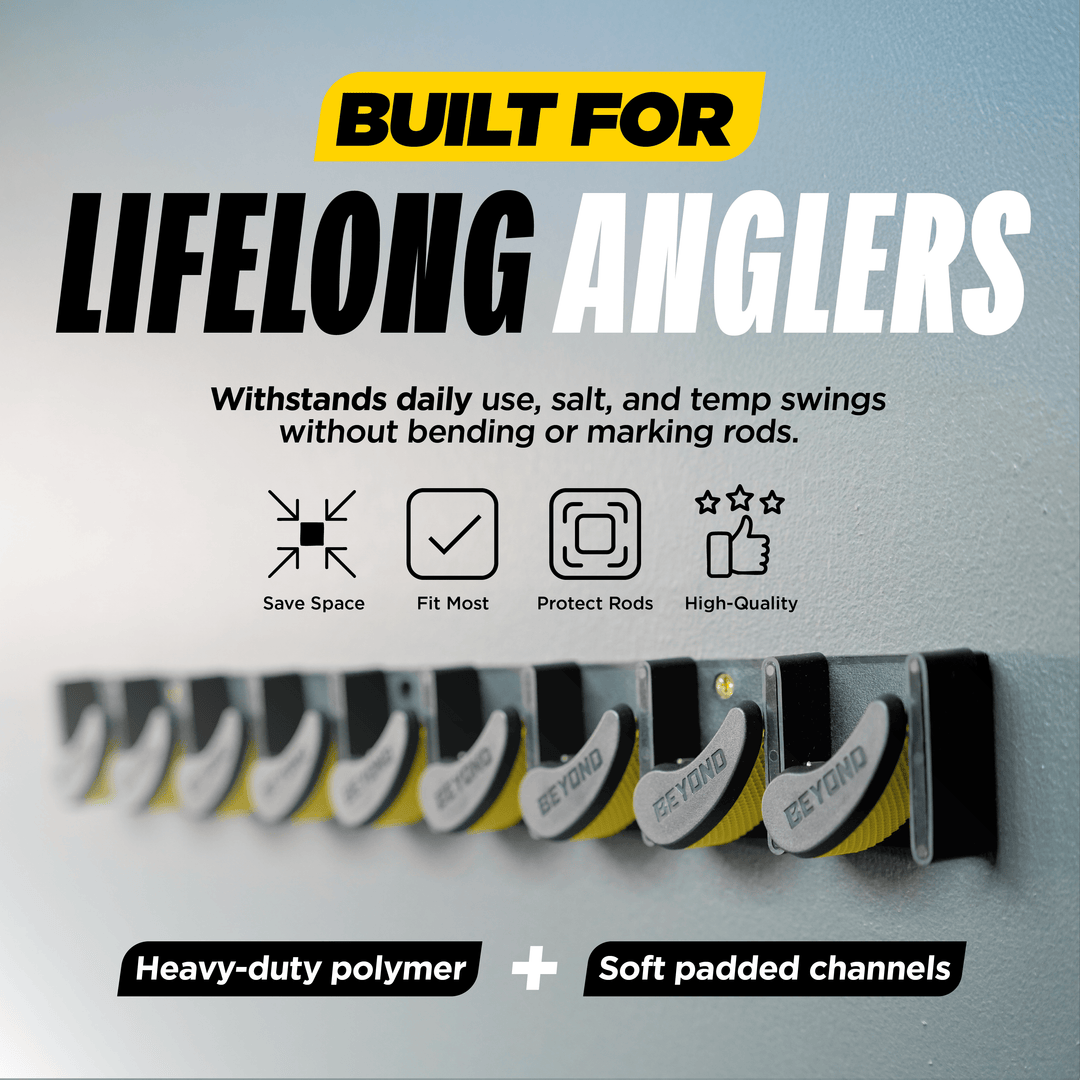 Beyond Braid GripLock vertical fishing rod rack holding multiple fishing rods in a secure, organized display.