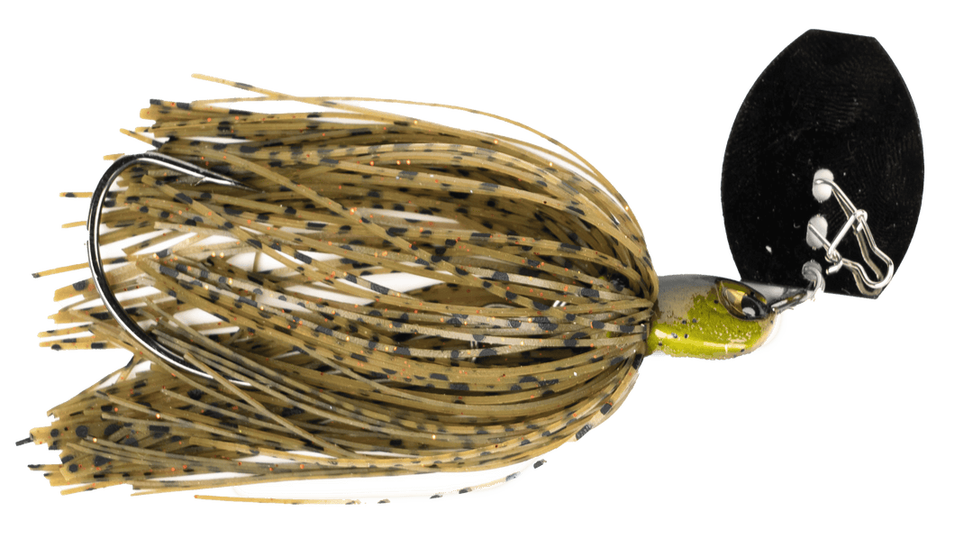 Greenpumpkin redflake Weedless Vibrating Jig fishing lure by G-Ratt Baits, designed for bass fishing with a vibrating action.