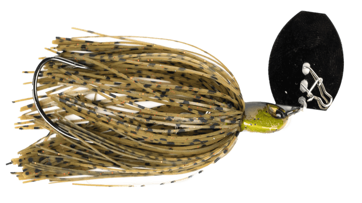 Greenpumpkin redflake Weedless Vibrating Jig fishing lure by G-Ratt Baits, designed for bass fishing with a vibrating action.