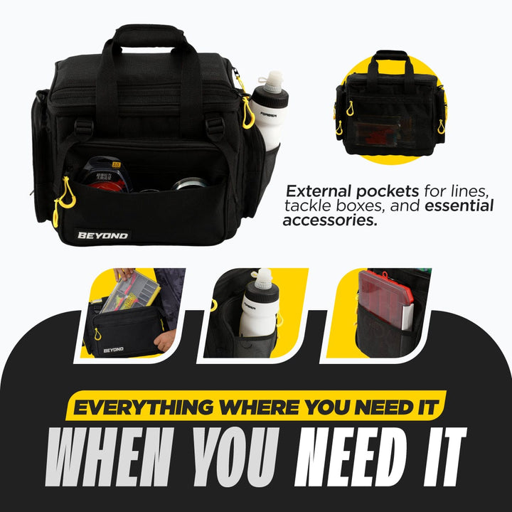 Beyond Braid Fishing Hauler Tackle Bag in medium size, showing multiple compartments and durable fabric for organized fishing gear storage.