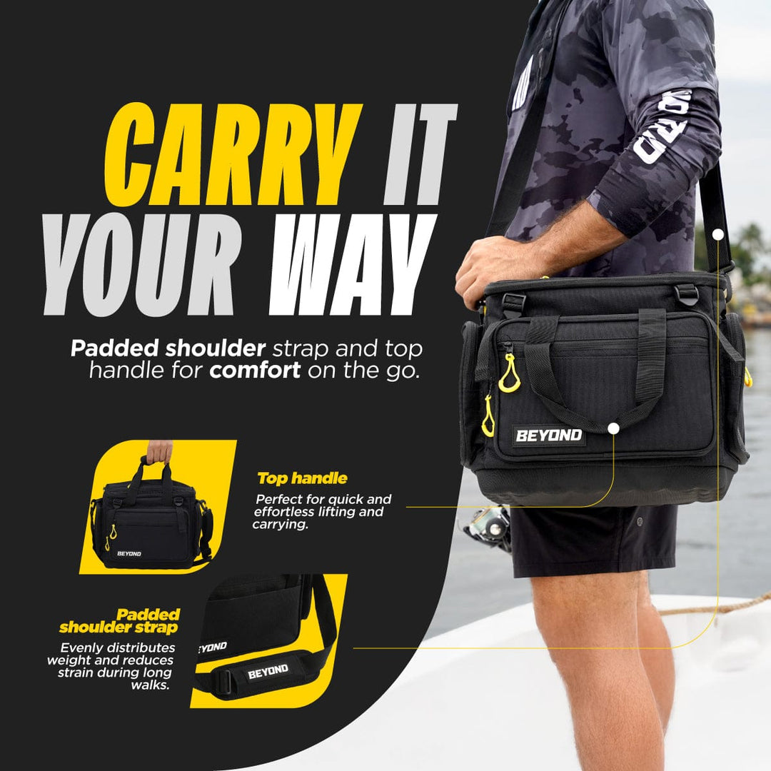 Beyond Braid Fishing Hauler Tackle Bag in medium size with multiple compartments and durable construction.
