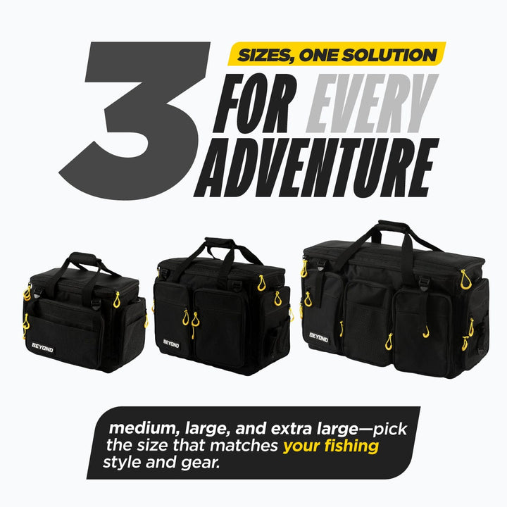 Beyond Braid Fishing Hauler Tackle Bag in medium size with multiple compartments and durable material, perfect for fishing gear storage.