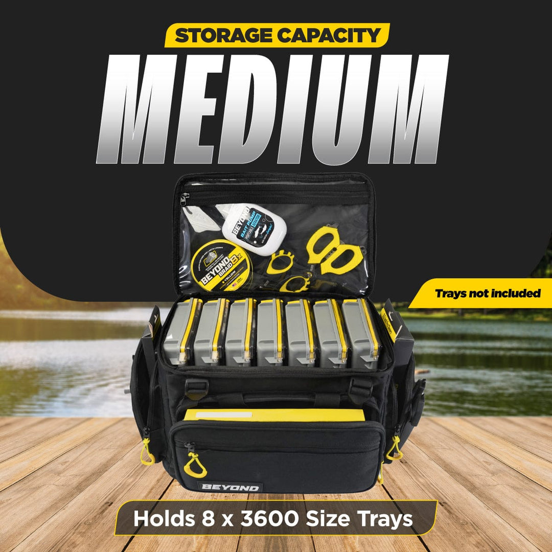 Beyond Braid fishing hauler tackle bag in medium size, with multiple compartments and durable design for organized fishing gear.