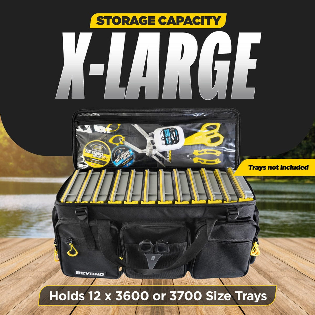 Beyond Braid Hauler Tackle Bag in Extra-Large, showing multiple compartments and durable material for fishing gear storage.