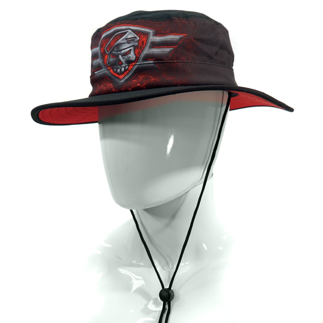 Favorite Fishing boonie hat with camouflage pattern, wide brim, and adjustable chin strap for outdoor protection.