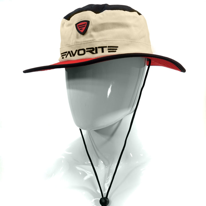 Favorite Fishing boonie hat in tan, red, and black, featuring wide brim and adjustable chin strap for sun protection and outdoor wear.
