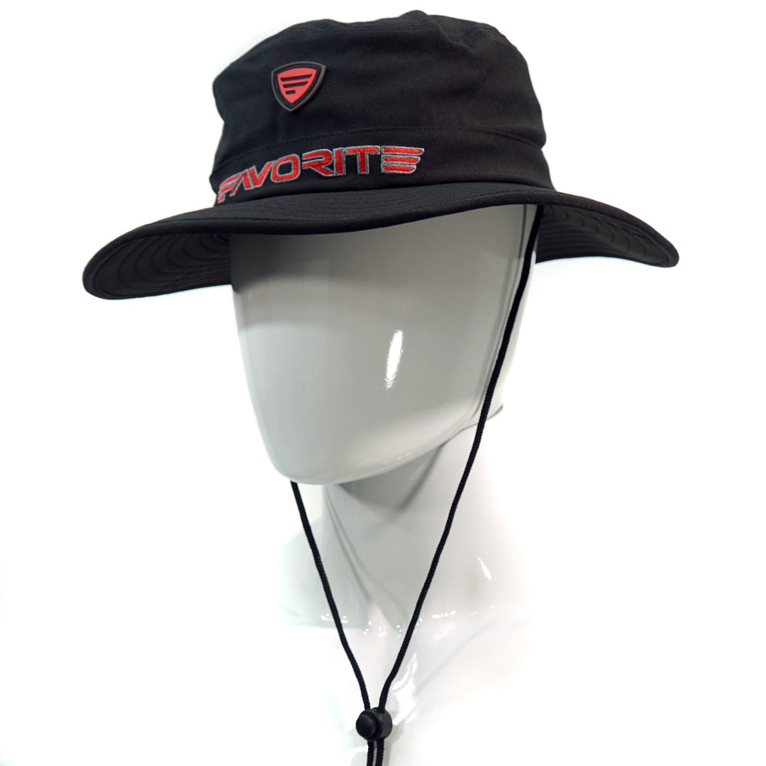 Black Favorite Fishing Boonie Hat featuring wide brim and adjustable chin strap, perfect for outdoor activities and sun protection.