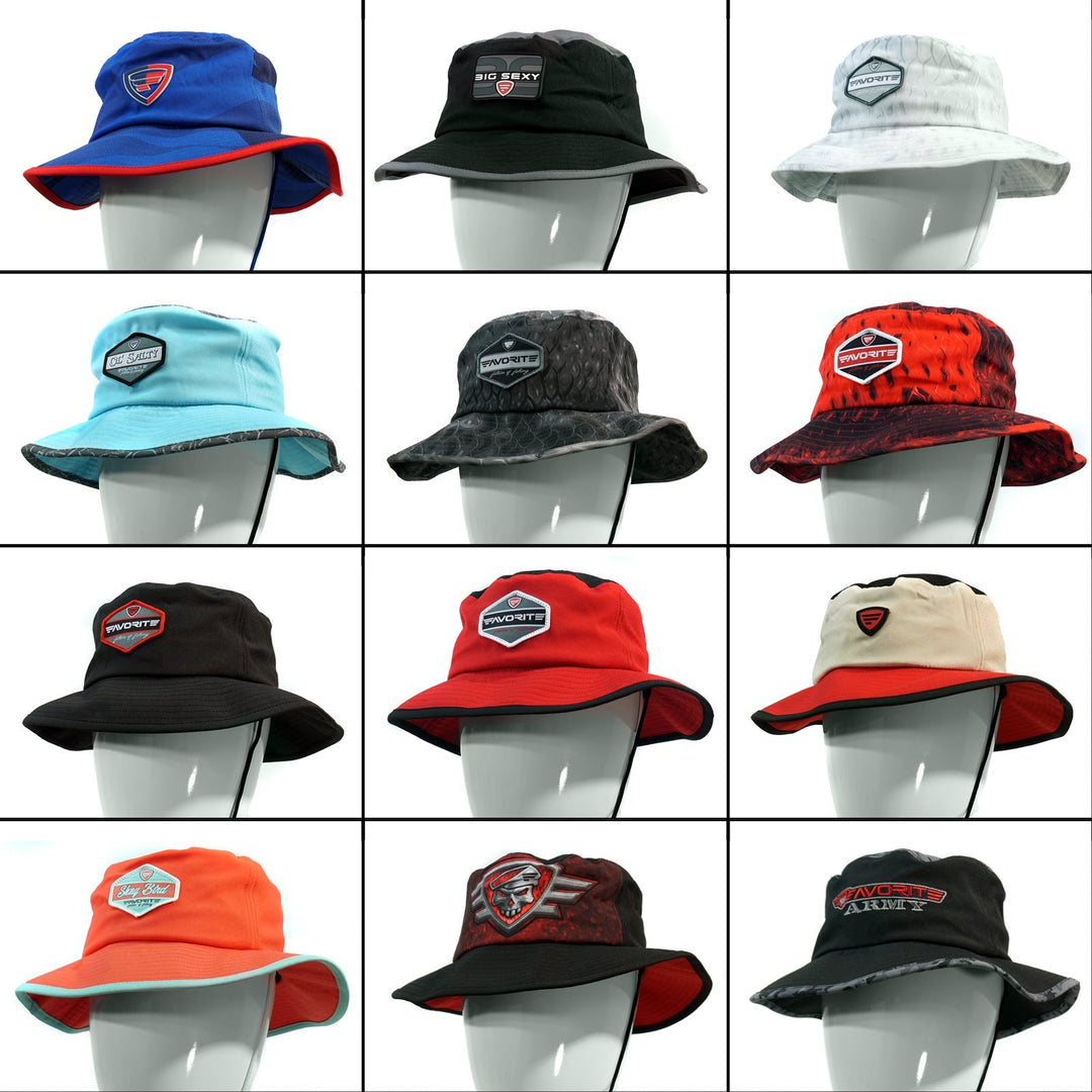 Favorite Fishing bucket hat with wide brim and adjustable strap, made of lightweight fabric for sun protection.