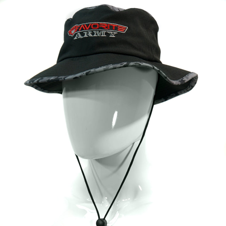 Favorite Fishing army logo bucket hat with adjustable brim and camouflage pattern, perfect for outdoor fishing and casual wear.