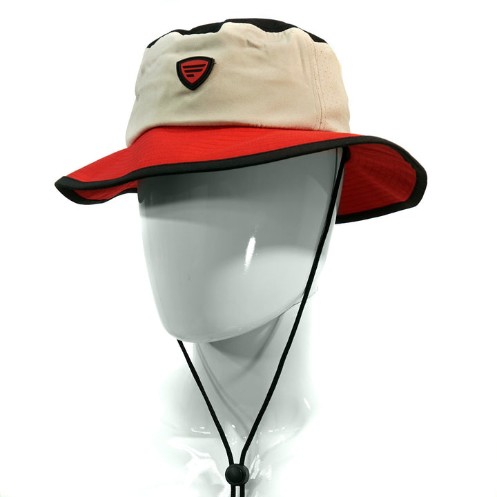 Favorite Fishing bucket hat in tan, red, and black with wide brim, designed for sun protection and outdoor activities.