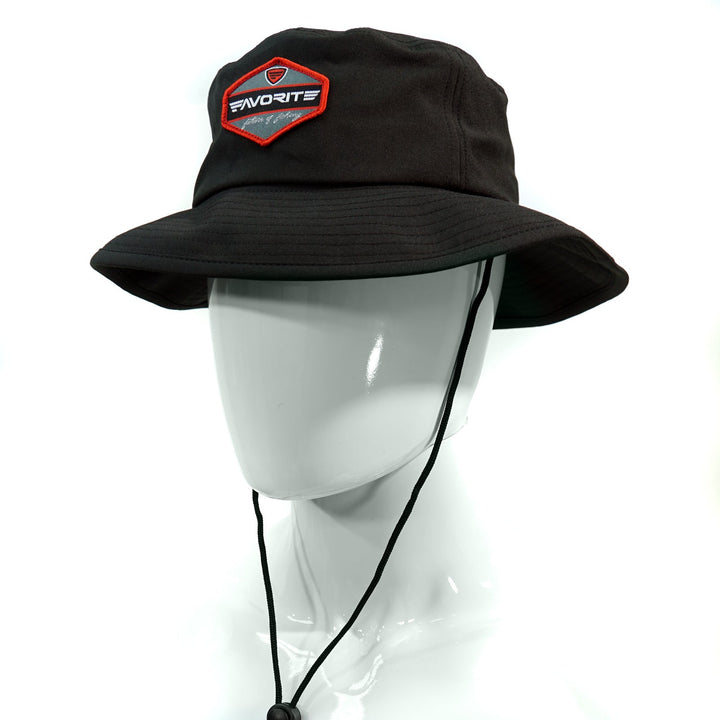 Favorite Fishing black bucket hat with wide brim and logo, perfect for outdoor sun protection and casual style.
