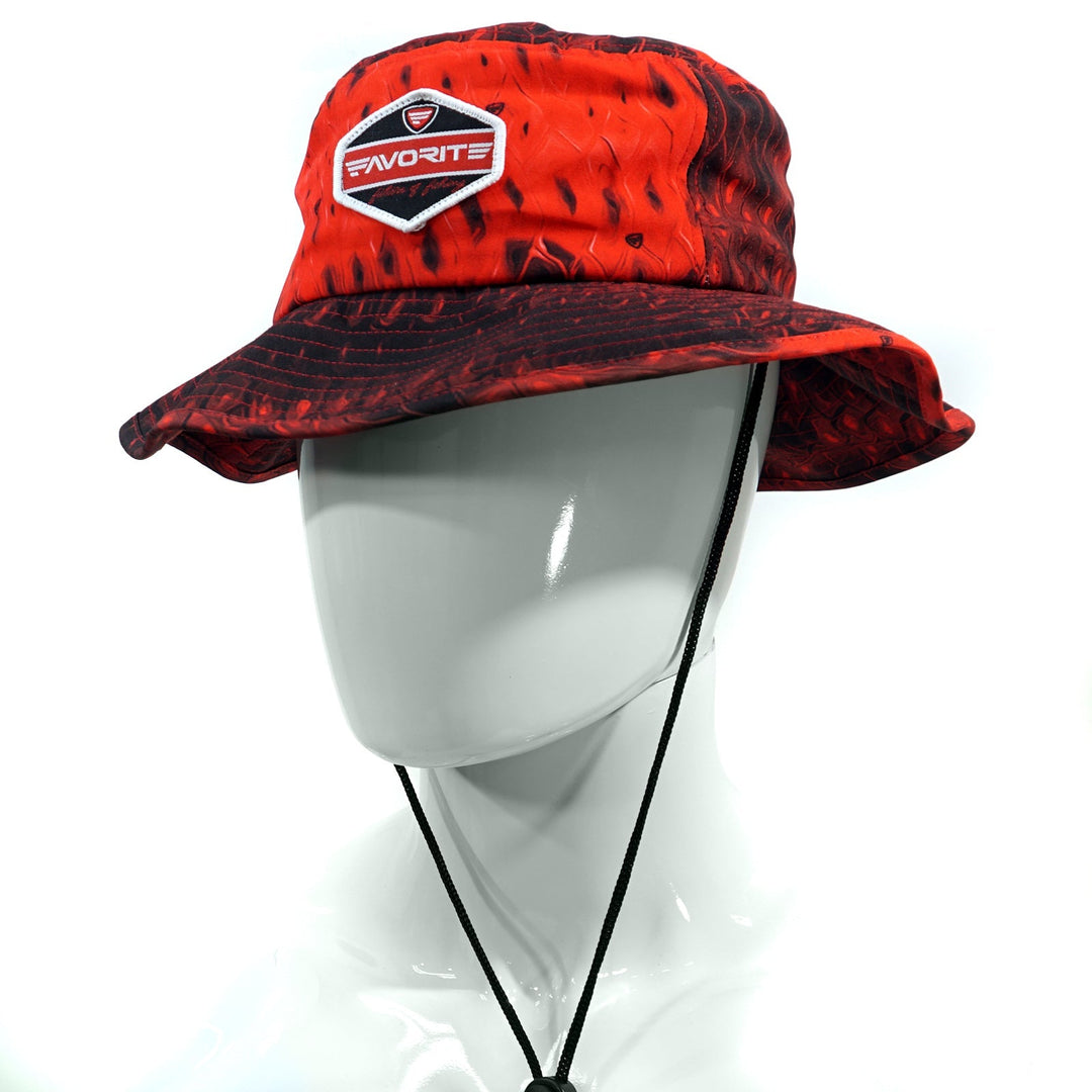 Red Favorite Fishing bucket hat with wide brim and adjustable chin strap, designed for outdoor and fishing activities.