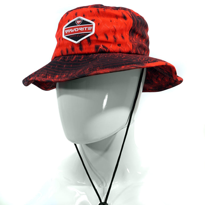 Red Favorite Fishing bucket hat with wide brim and adjustable chin strap, designed for outdoor and fishing activities.