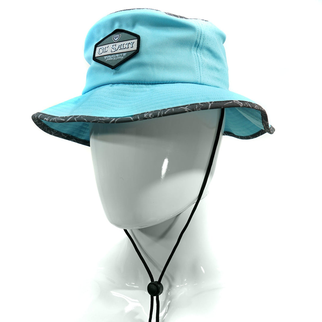 Favorite Fishing salty bucket hat, casual wide-brim hat for outdoor fishing and sun protection, in olive color.