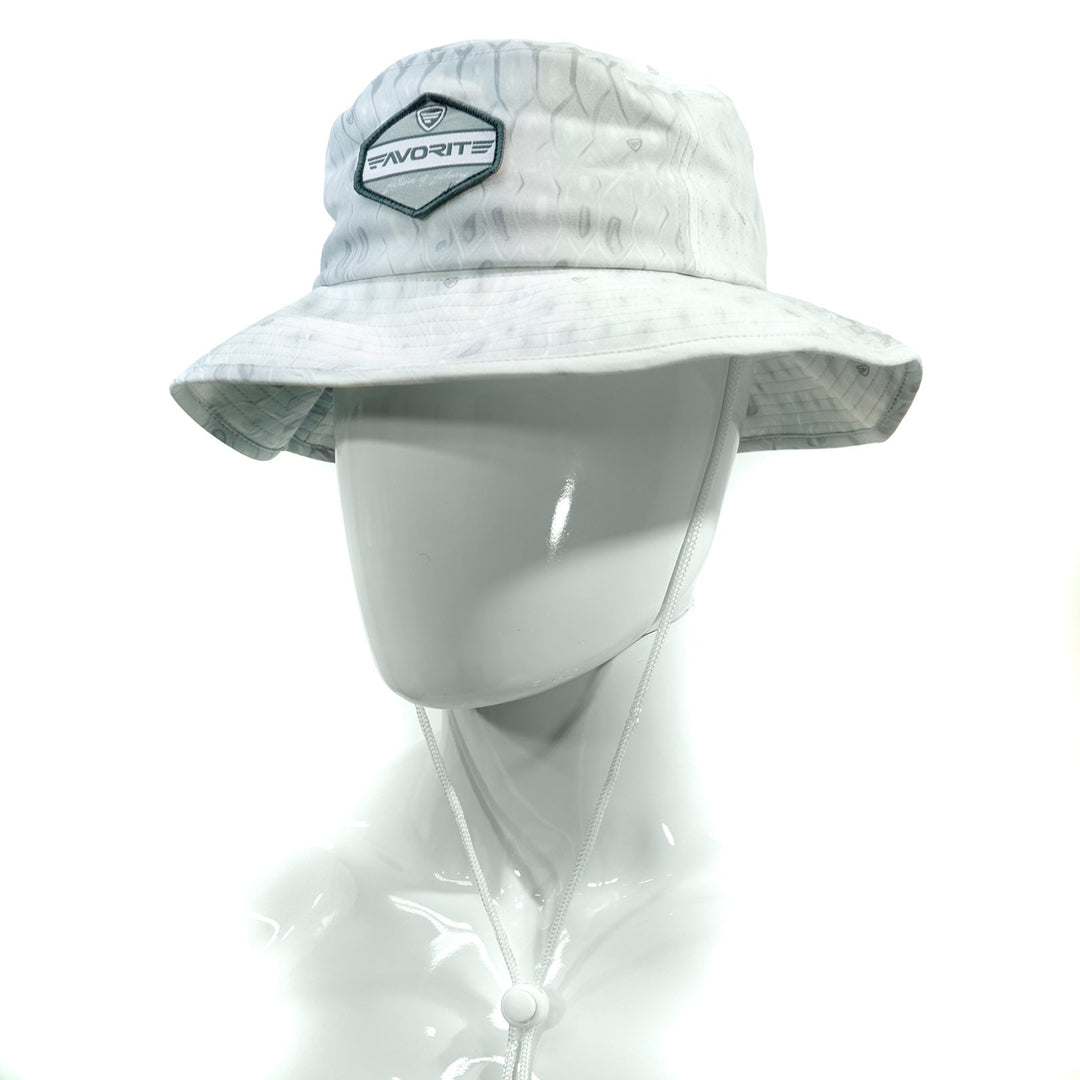 Favorite Fishing white bucket hat with wide brim, casual outdoor hat for sun protection and fishing trips.