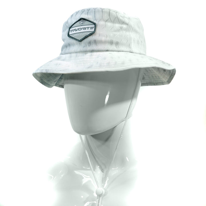 Favorite Fishing white bucket hat with wide brim, casual outdoor hat for sun protection and fishing trips.