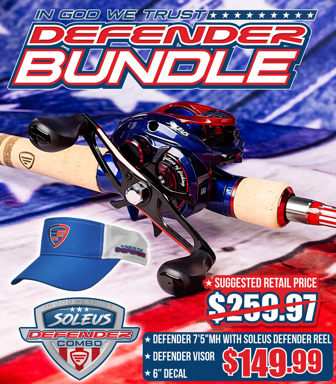 Favorite Fishing Defender Soleus Combo Bundle, a versatile fishing combo with durable gear, shown in a mobile-friendly image.