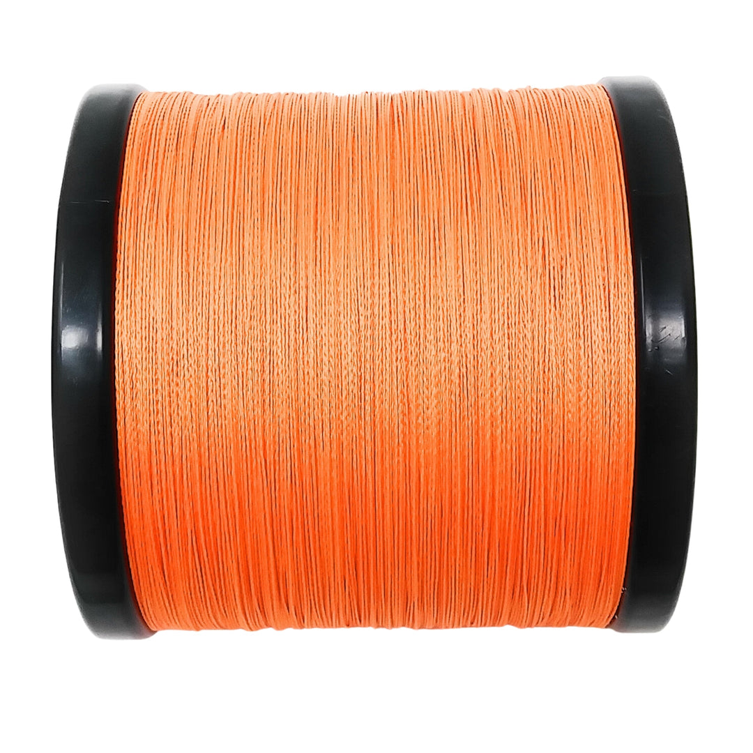 Reaction Tackle braided fishing line in high-visibility orange, showing the spool and textured line for durable fishing performance.