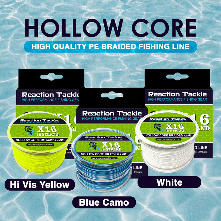 Reaction Tackle Hollow Core 16 Strand Braided Fishing Line, close-up of the braided nylon line with hollow core design.
