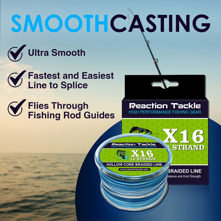 Reaction Tackle Hollow Core 16 Strand Braided Fishing Line, close-up of the durable, tightly woven braided fishing line.