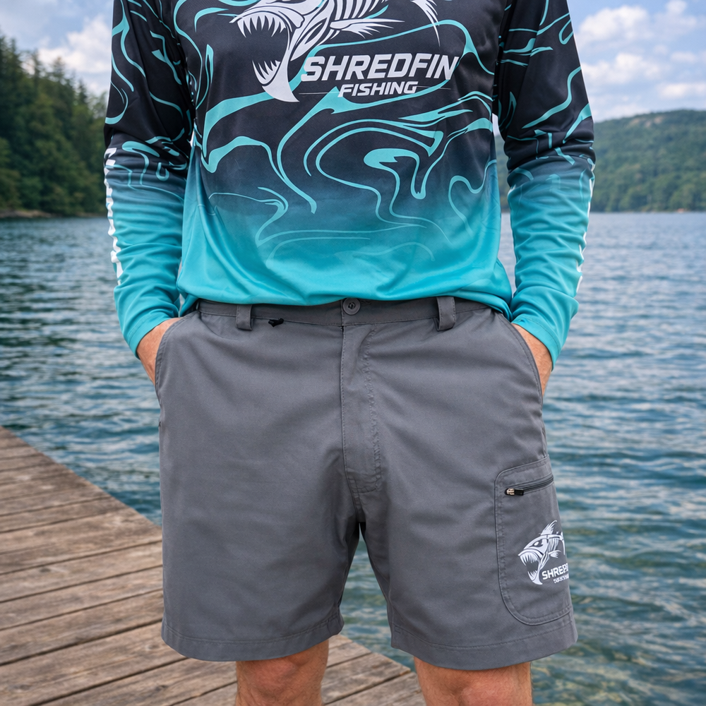 Front view of ShredFin HookSet Shorts, lightweight and stylish men's shorts with functional design and adjustable waistband.