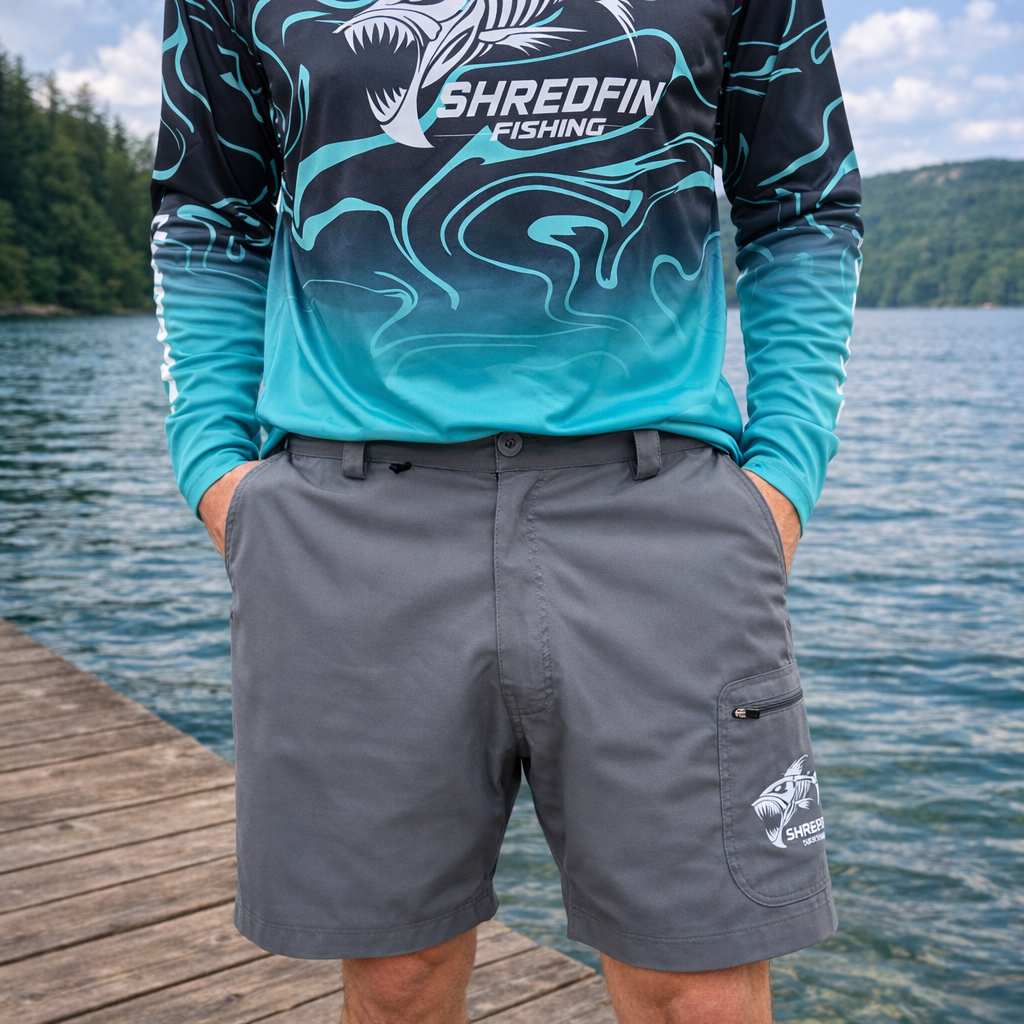 Front view of ShredFin HookSet Shorts, lightweight and stylish men's shorts with functional design and adjustable waistband.