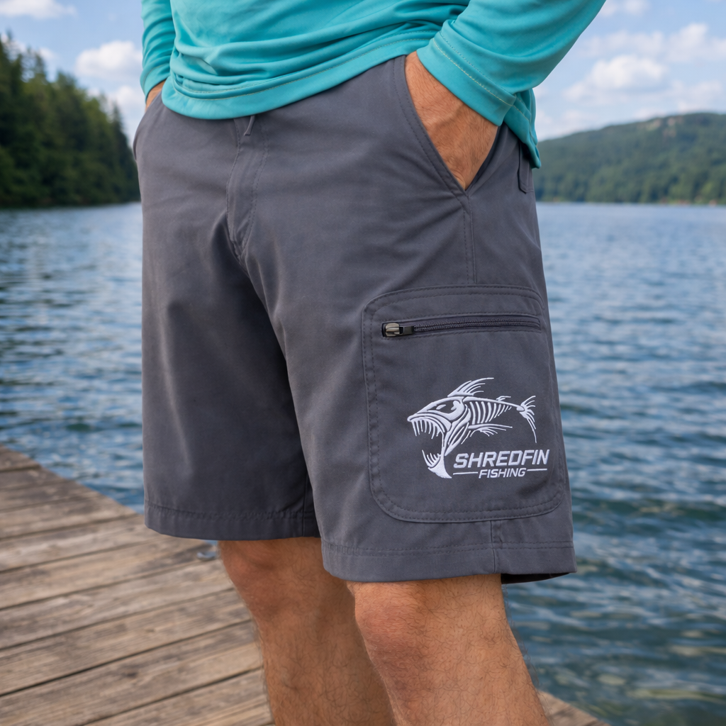 ShredFin HookSet Shorts shown from the side, durable surfing shorts with a modern fit and quick-drying fabric.