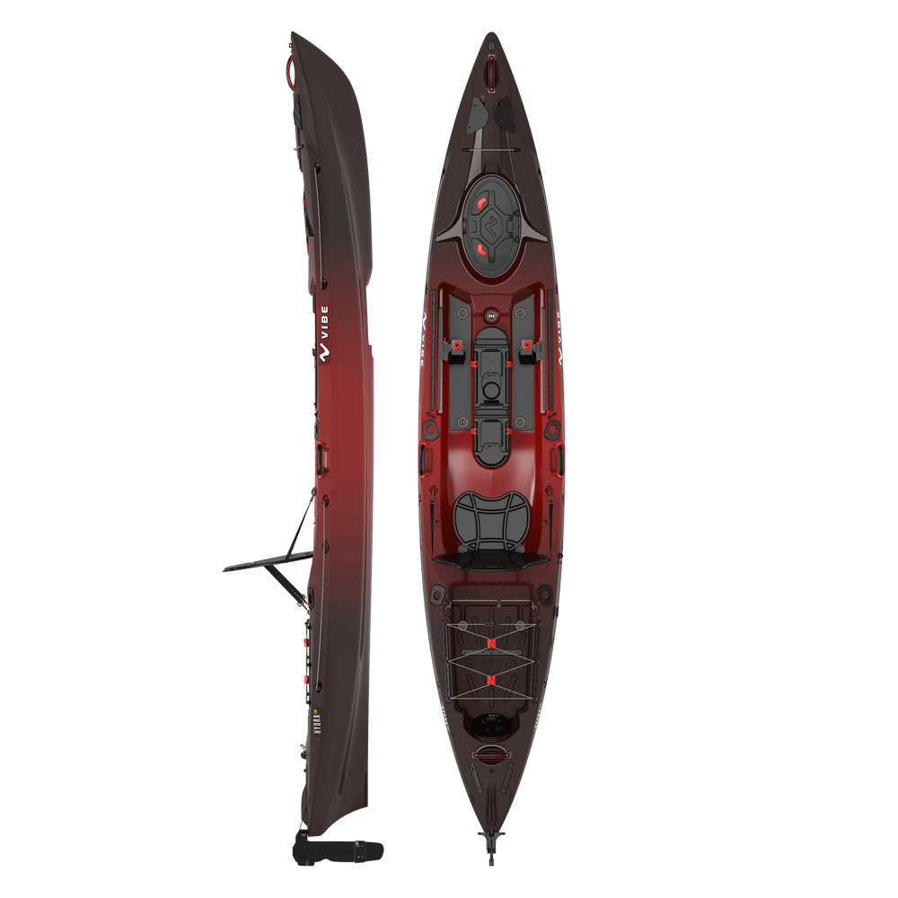 Vibe Hydra 130 kayak from Vibe Kayaks shown in a side and front view, highlighting its sleek design and vibrant color.