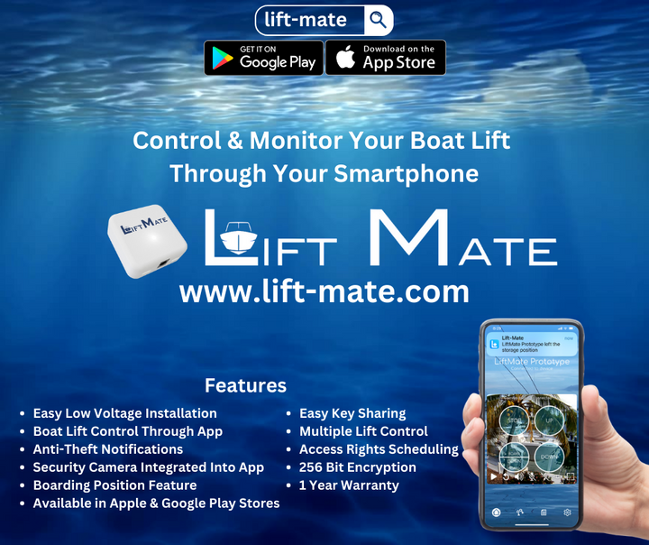 Lift Mate Smart Boat Lift Controller Kit features a compact control panel and wiring components for easy boat lift operation.