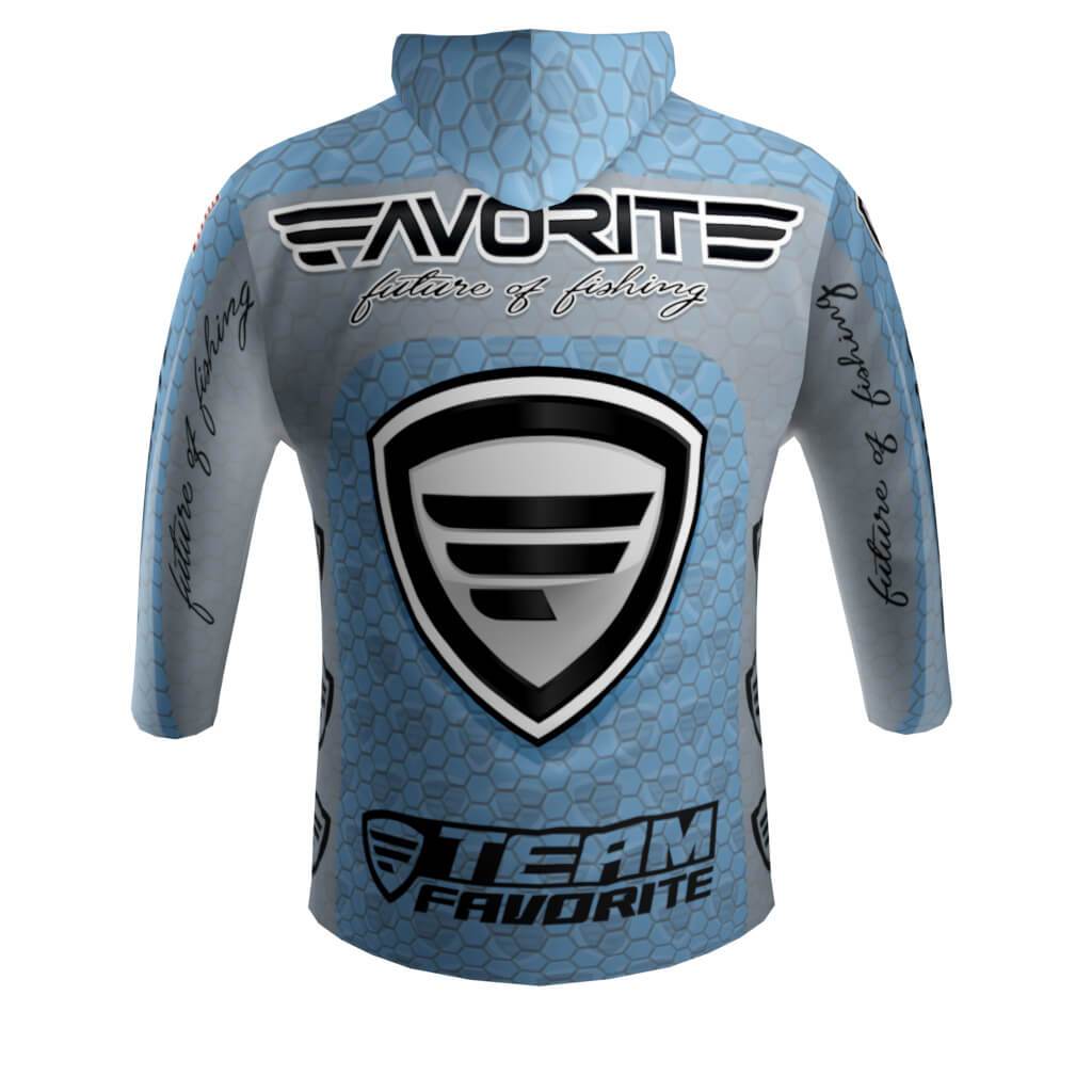 Favorite Fishing lightweight performance hoodie in black and blue, showcasing breathable, sporty apparel for outdoor activities.