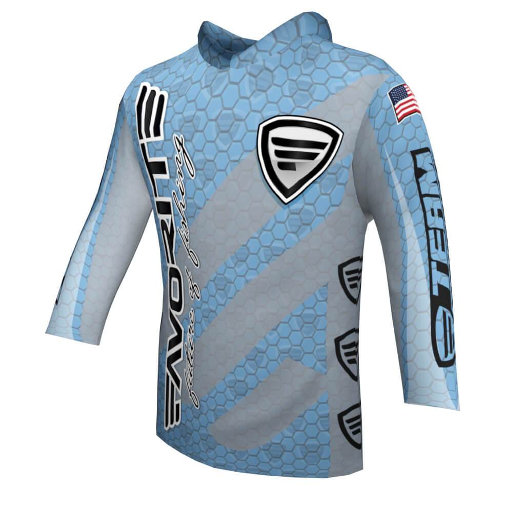 Favorite Fishing lightweight performance hoodie in blue, breathable apparel with a comfortable fit for outdoor activities.